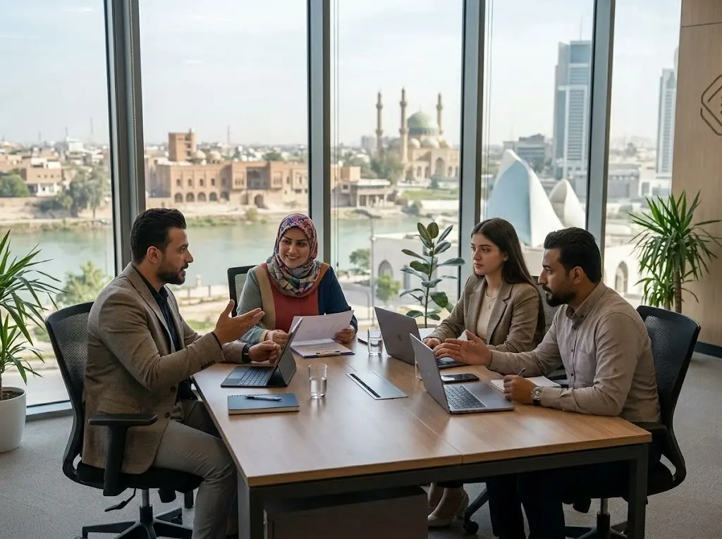 A team meeting in an office in Baghdad